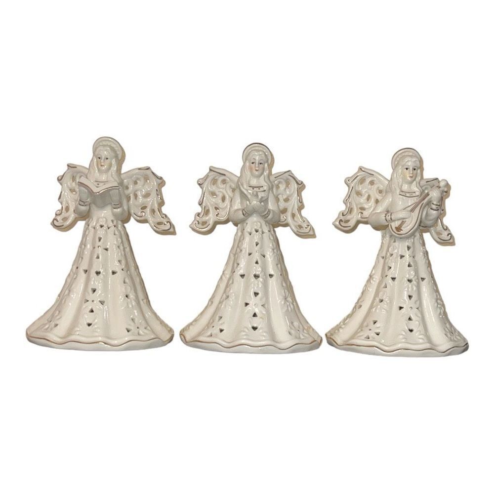 Set of 3 Ivory Glossy Angels Sculpture Music Angels